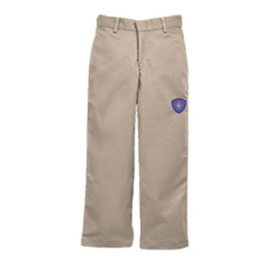 Boys Khaki Flat Front Pants w/ Desert Christian Embroidered Logo Grades K-12