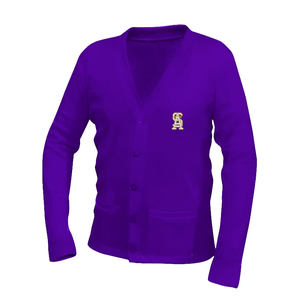 Cardigan Purple Sweater w/ St. Anthony Elementary School logo- Mandatory Grades TK-5