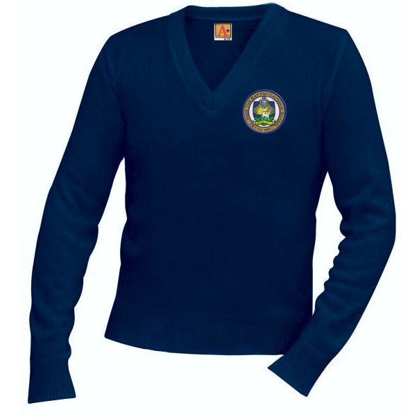 V-Neck Sweater w/ St. John the Baptist Embroidered Patch Logo Grades TK-8