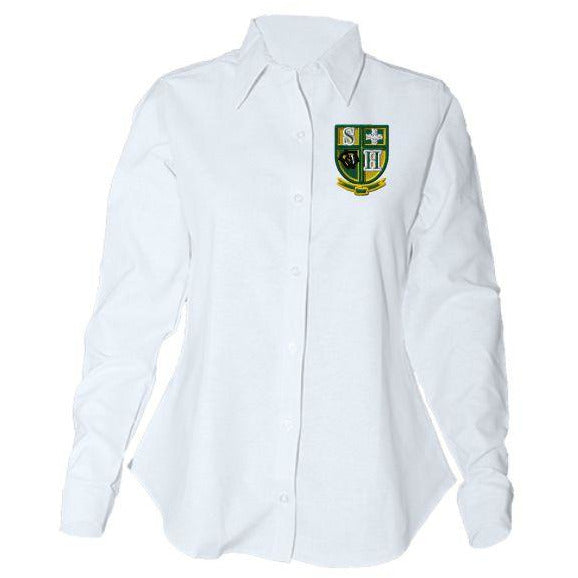 Women's Fitted Long Sleeve Oxford Shirt w/Hilary logo (Grades 5-8)
